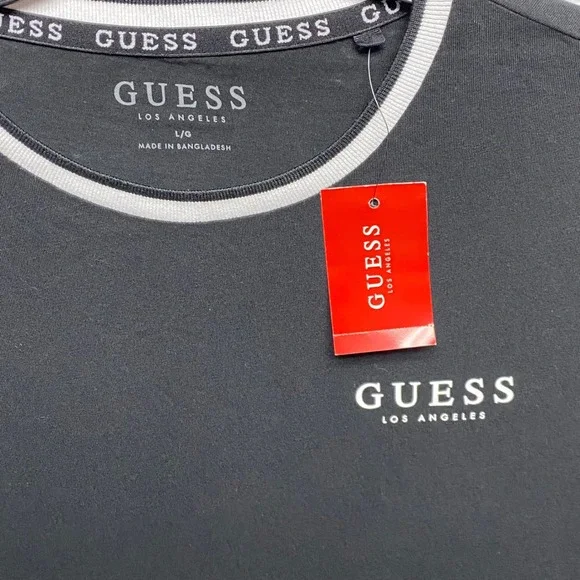 Guess  Mens Black Ringer T-Shirt White Logo Crew Neck Large NWT - Picture 6 of 6